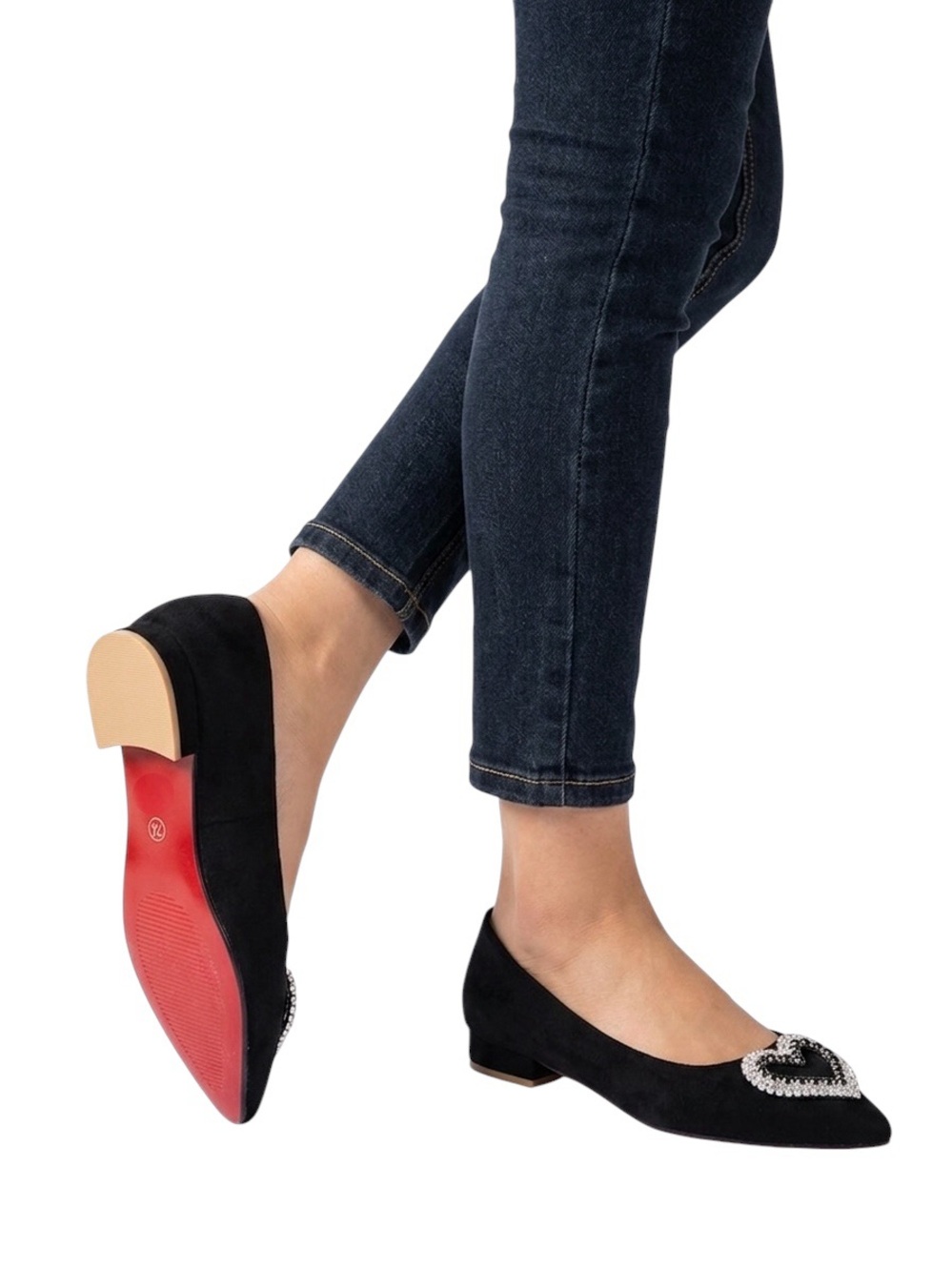 GenShuo Black Suede Rhinestone bling Heart Pointed Toe Flats Red Bottoms Sz 36 6
